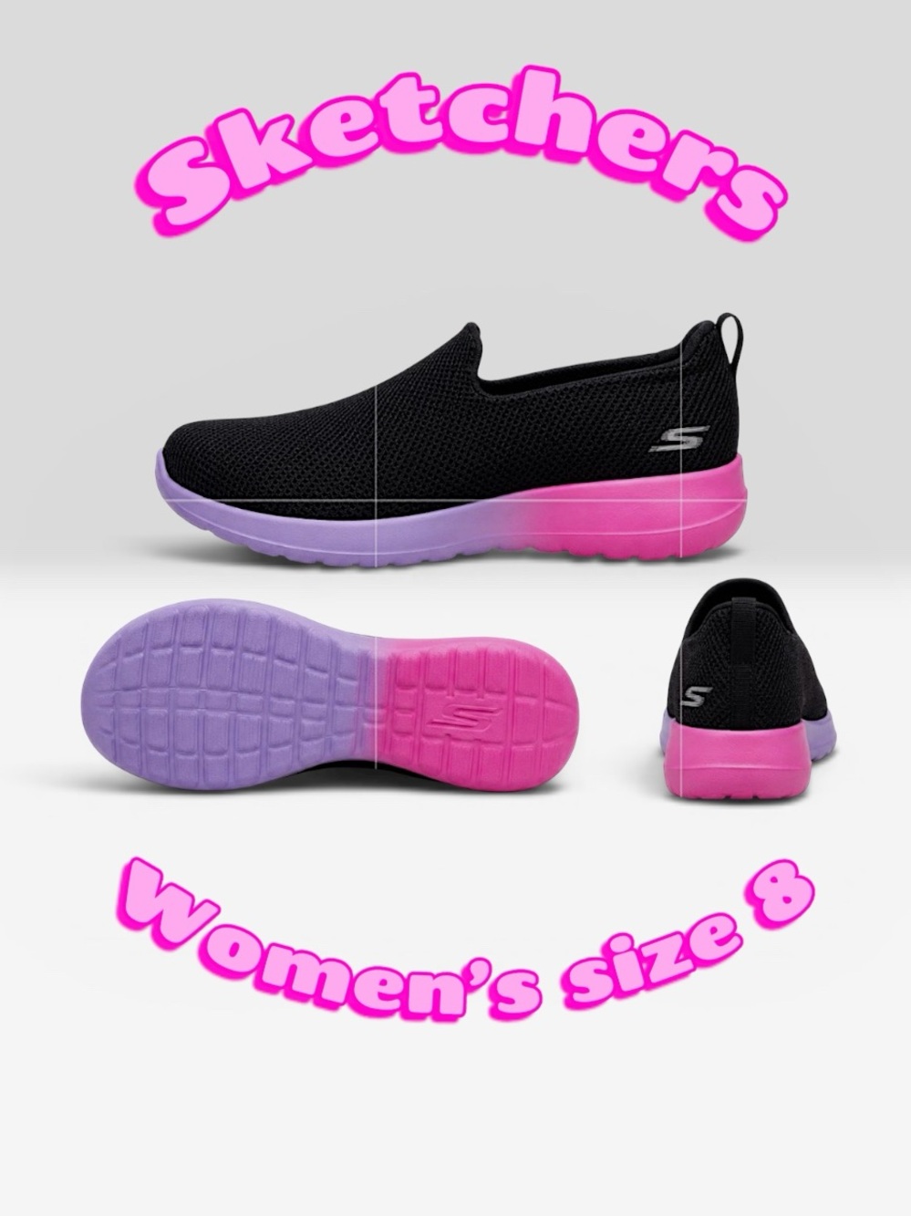 Skechers Women's Black Slip-On Sneakers with Pink and Lavender Gradient Sole - Picture 2 of 10